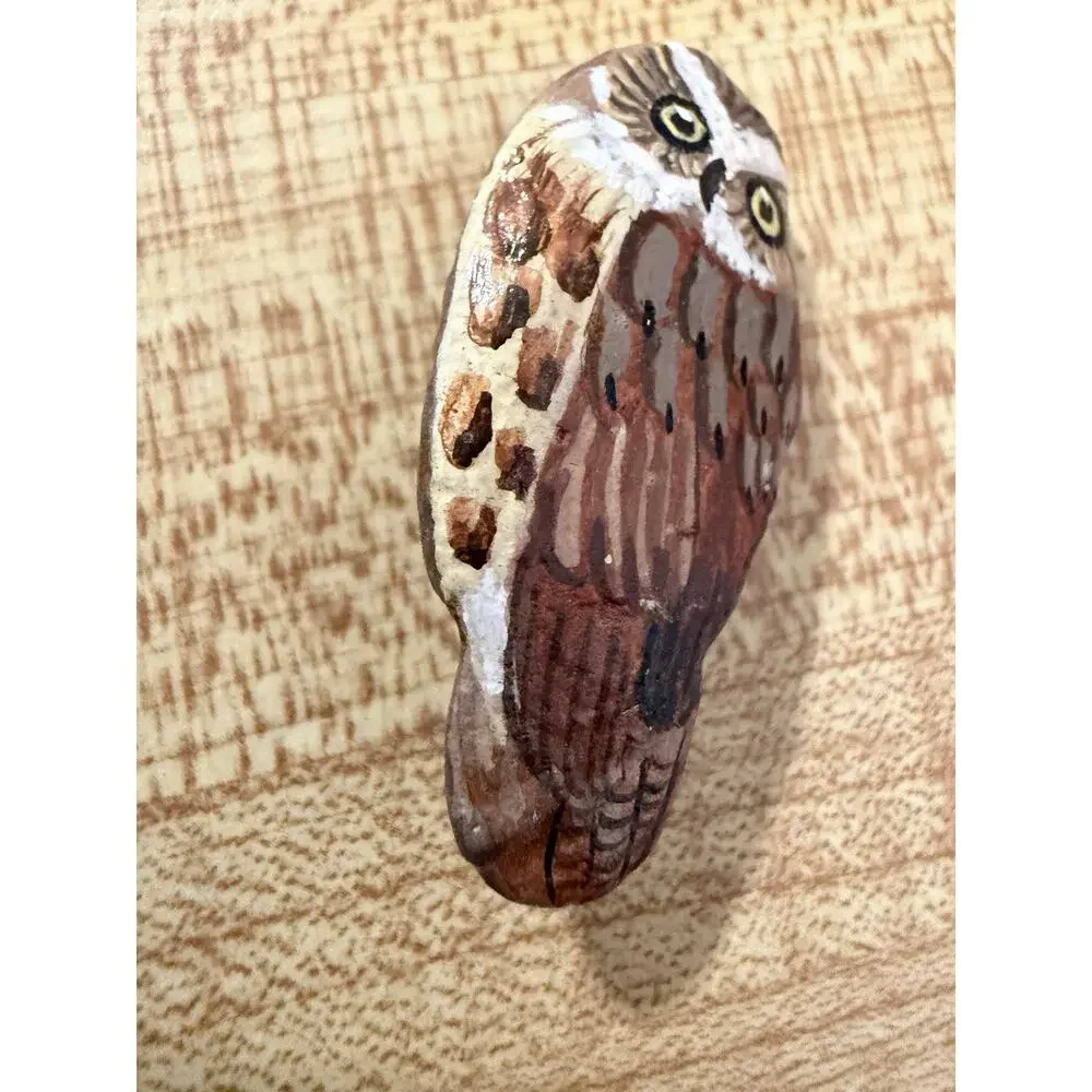 Vintage Hand Painted Stone Owl Brooch Pin Folk Art Artisan Bird Nature Jewelry